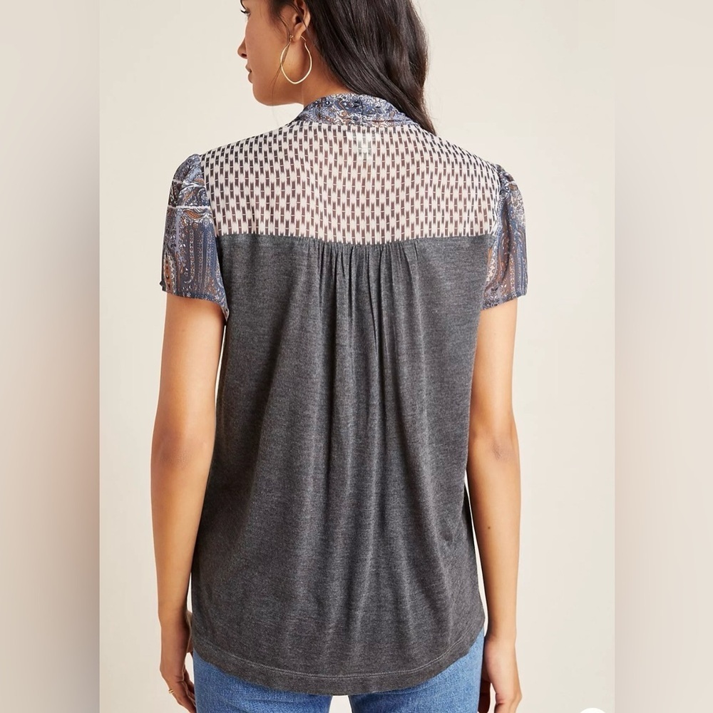 Anthropologie Tiny Joy Tie-Neck Mixed Print Top - Gray/Blue, Short Sleeve, XS - Picture 4 of 14